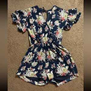 Womens MIAMI Navy Blue Flowered Flutter Sleeve Short Romper - Size Small